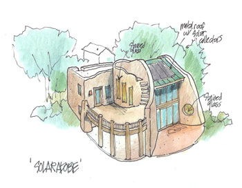 solar adobe design with trombe wall behind south window wall