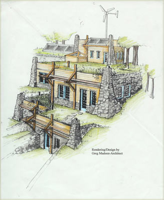 solar collectors and wind generator for earth covered deep green residence