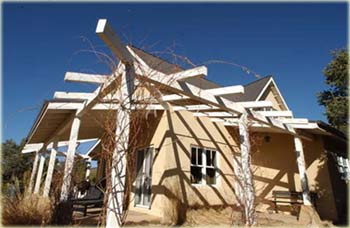 Vine covered trellis on lightweight concrete house